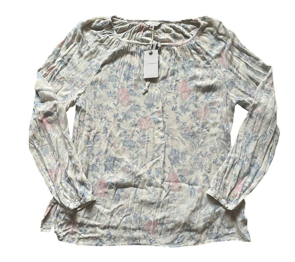 Lucky Brand Womens White Floral Shirt Soft Pink Blue Size Large Boho Flowy Soft